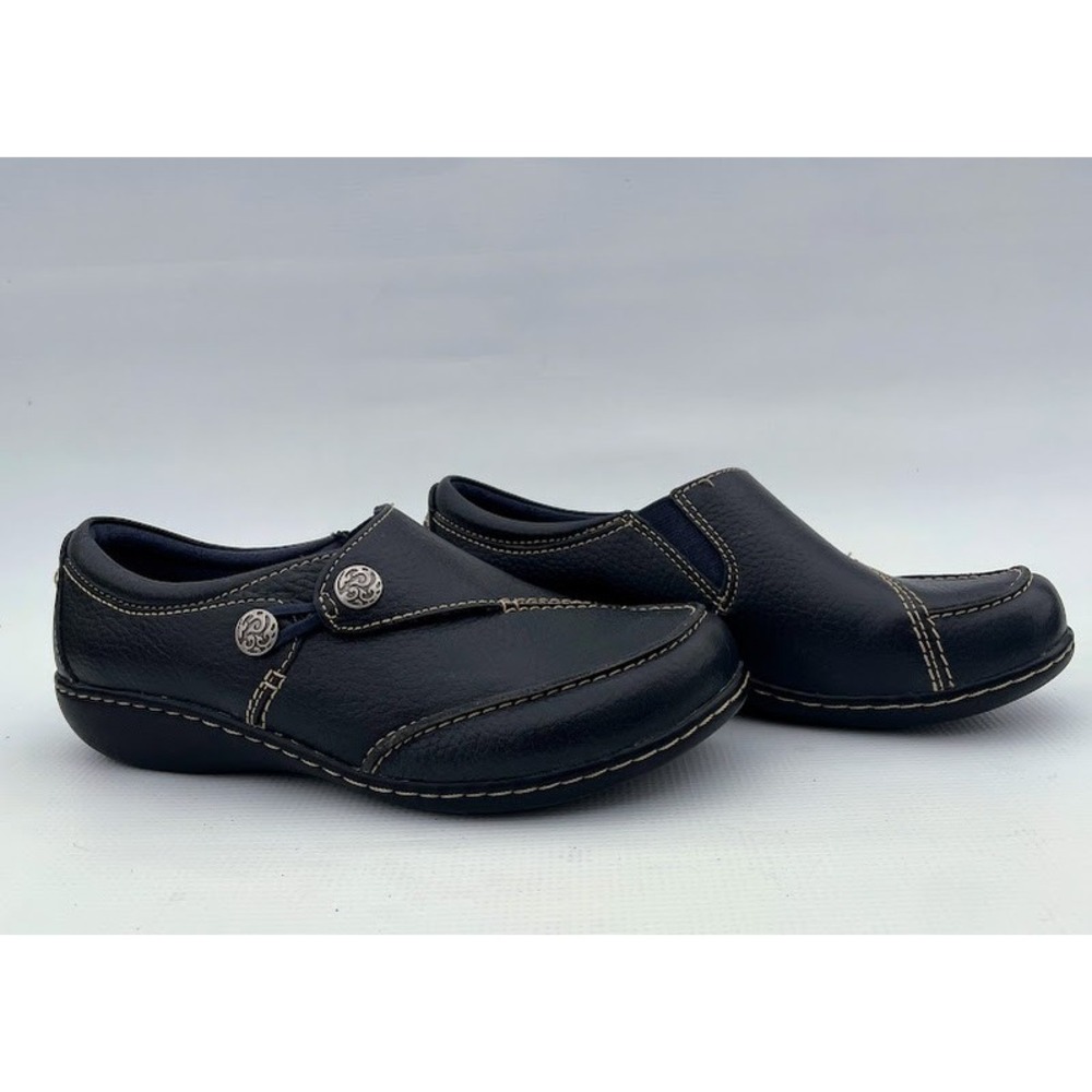 Clarks Collection Navy Blue Leather Slip On Shoes 6 XW Extra Wide 260630655060